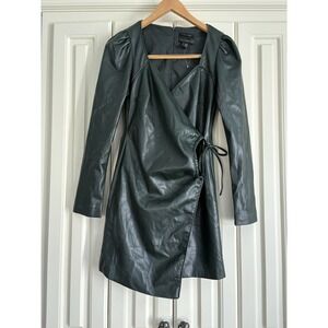 House of Harlow 1960 Dark Green Vegan Leather Long Sleeve Wrap Dress Womens XS